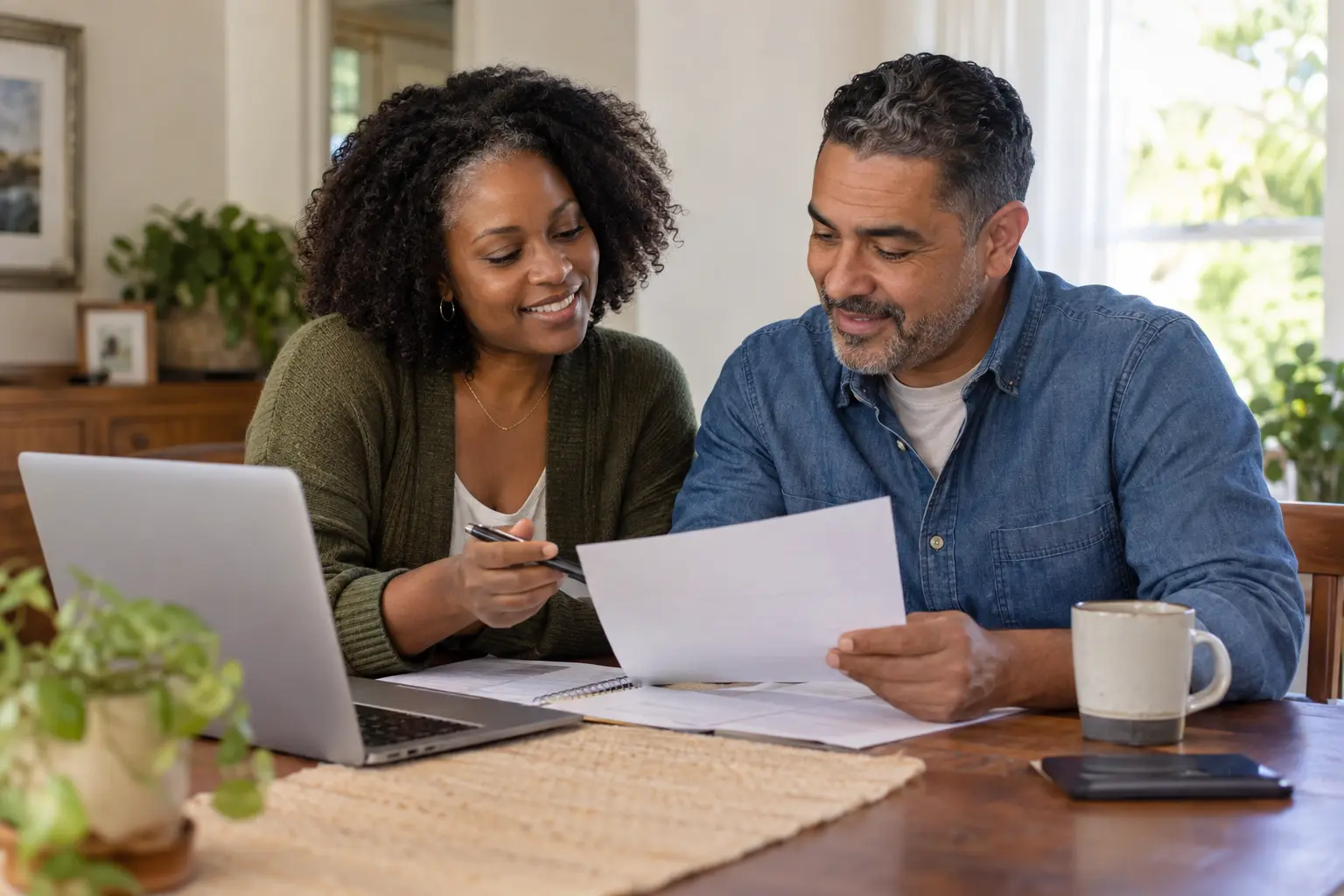A smiling couple calmly reviewing their household finances together