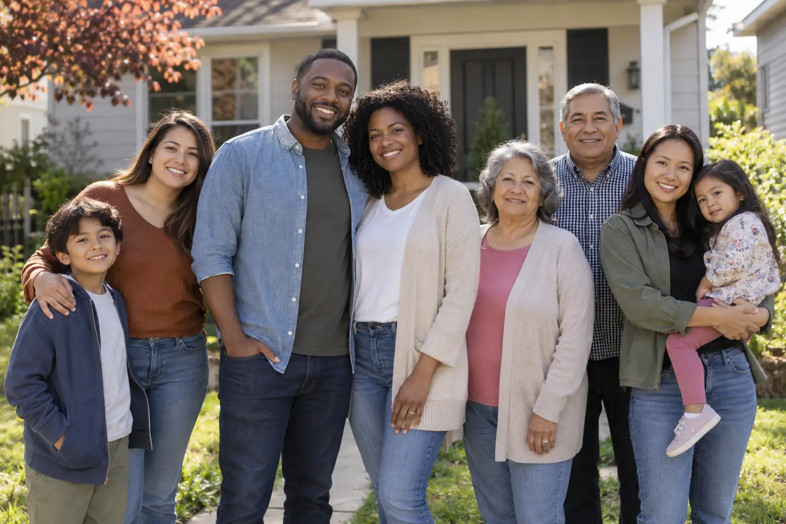 A diverse group of smiling homeowners outside a family home